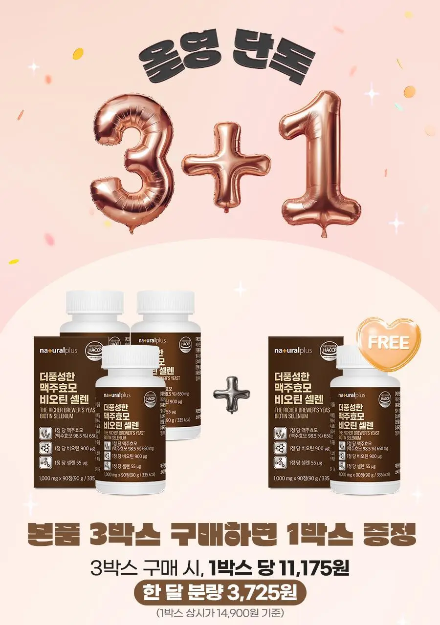 [3+1] 내츄럴플러스 더풍성한 맥주효모 비오틴 셀렌 90정 1박스 (3개월분) / 3박스 구매 시 1박스 증정 상세페이지 2